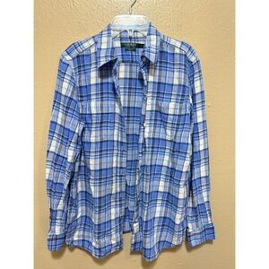 Lauren Ralph Lauren Denim Plaid Button Down Shirt‎ Womens Small Blue White